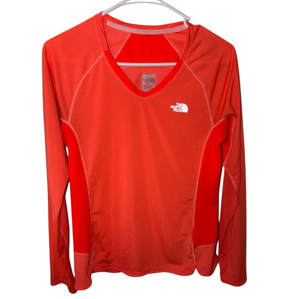 The North Face Womens Long Sleeve V-Neck Active Top Orange Red Athletic Shirt